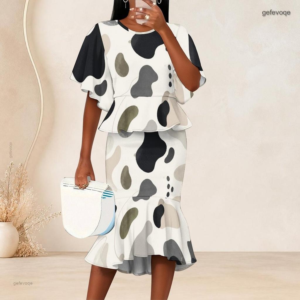 Women Plus Size Round Neck Batwing Sleeve Printed Ruffle Hem Top Fishtail Skirt Two Piece Set