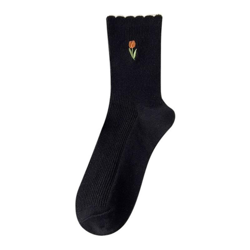 3 par Dame Høst Sokker Blomsterbroderi Japansk Kawaii Søte Sokker Koreansk Stil Ensfarvet Harajuku Vintage Crew Socks