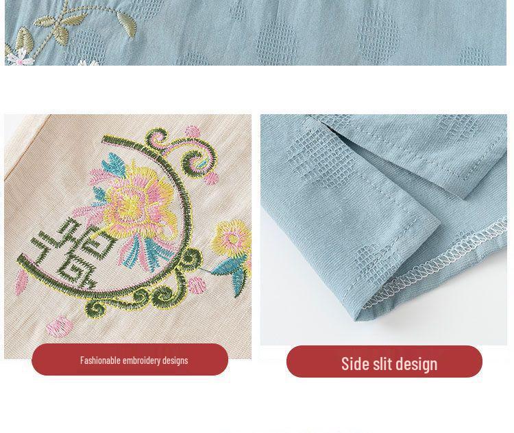 Summer Embroidered Two-Piece Home Set for Mature Women - Thin Cotton & Linen