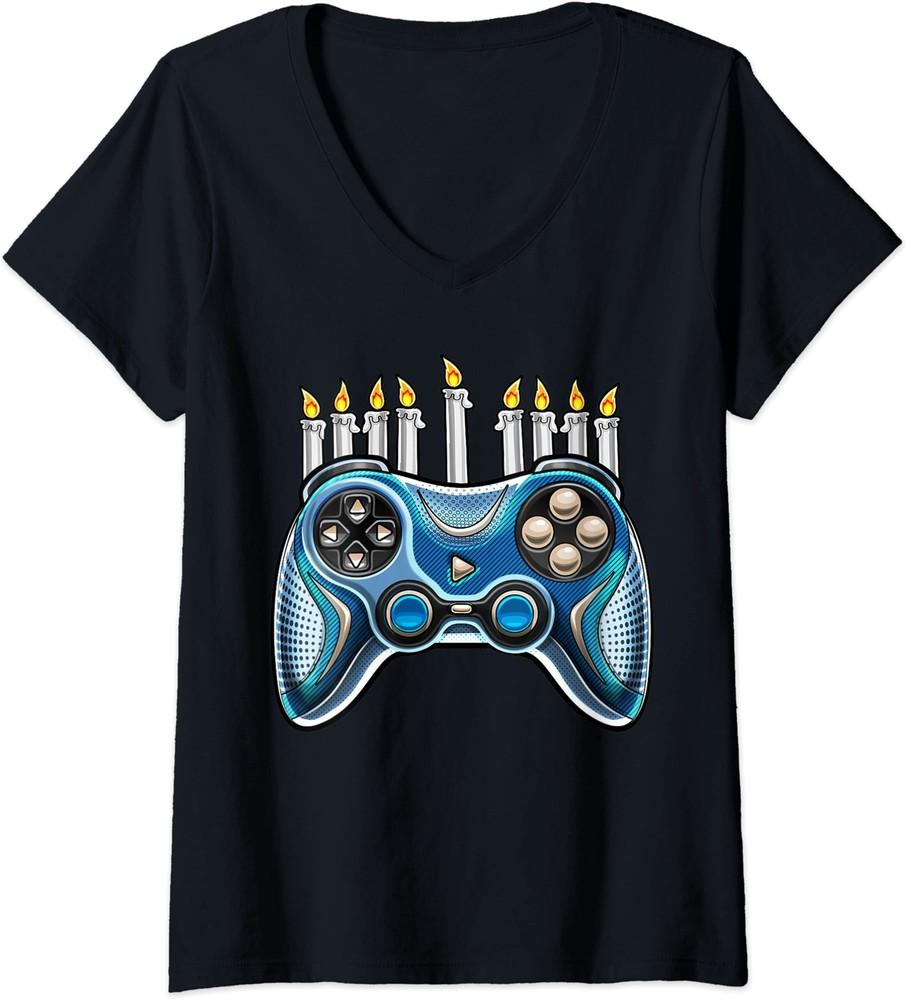 Video Game Controller Hanukkah Menorah Candles Ladies  V-Neck Tshirt Unisex T-Shirt L