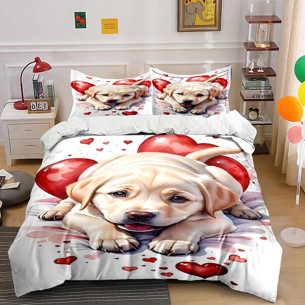 Cute Puppy with Red Hearts Bedding Duvet Cover Set Duvet Cover Pillowcases (1 * Duvet Cover 2 * Pillowcases, Without Duvet Insert)