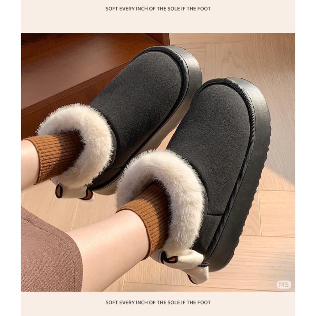 Hairy Mouth Bag and Butterfly Knot Cotton Shoes for Women In Winter, Thick Soled, Height Increasing, Versatile, and Plush Warm Snow Boots