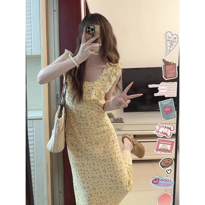 French girl floral medium and long ruffle skirt female sexy slim summer vacation lace suspender dress
