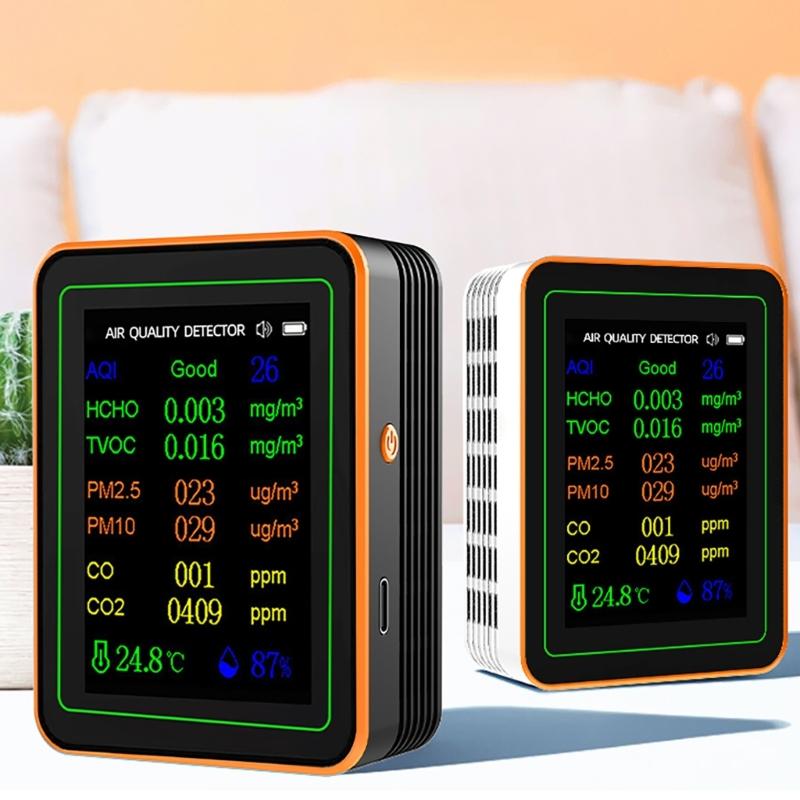Air Quality Pollution Meter HCHO TVOC CO CO2 PM2.5 PM10 Temperature Humidity Meter with Buzzers Tester Color Display