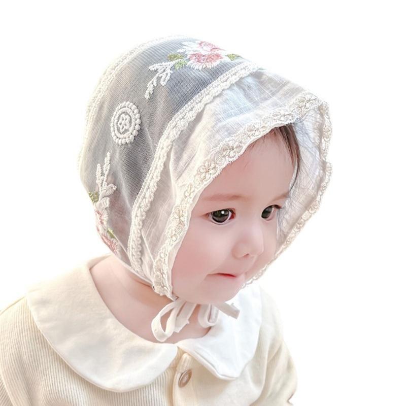 Girls Christening Lace Hat Baby Girls Bonnet Sun Cap Breathable Summer Hat Vintage Princess-Headdress Little Girl Beanie