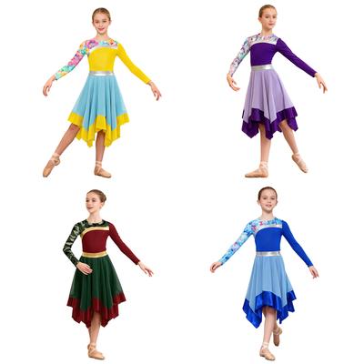 Elegant Praise Dance Costume for Kids Girls: Long Sleeve Patchwork Dress with Hidden Back Zipper & Artistic Irregular Hem