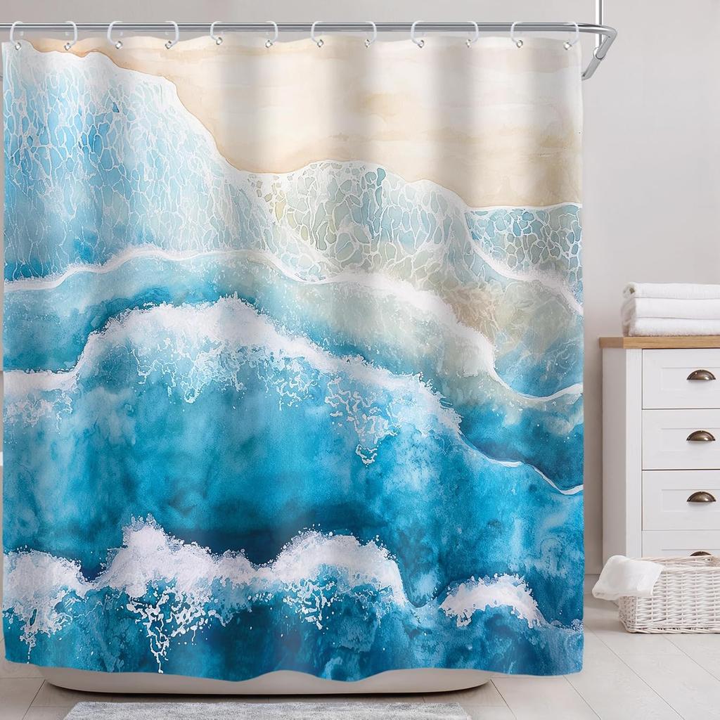 Beach Ocean Wave Shower Curtain, Blue Coastal Nautical Design, Minimalist Waterproof Polyester Art Print