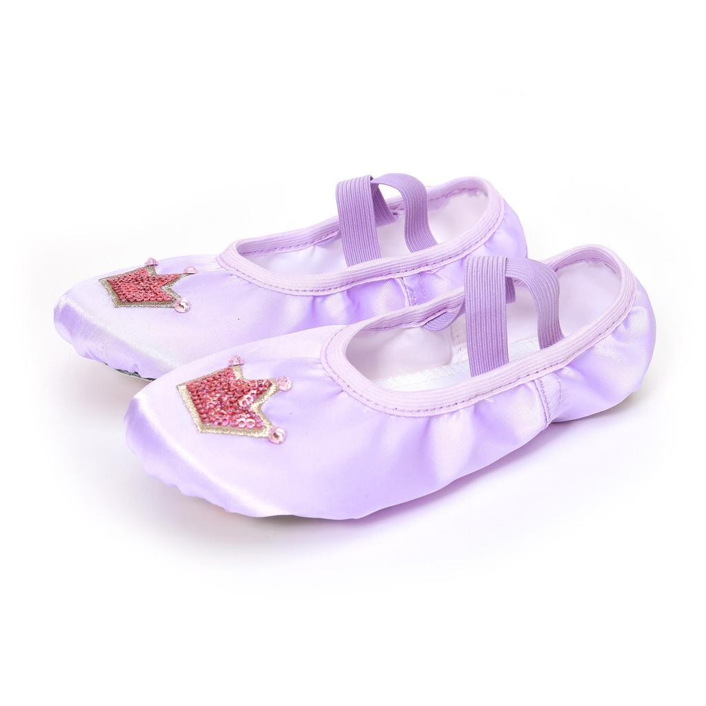 Scarpe da ballo in raso per bambini, con ricamo di corona e design a zampa di gatto.