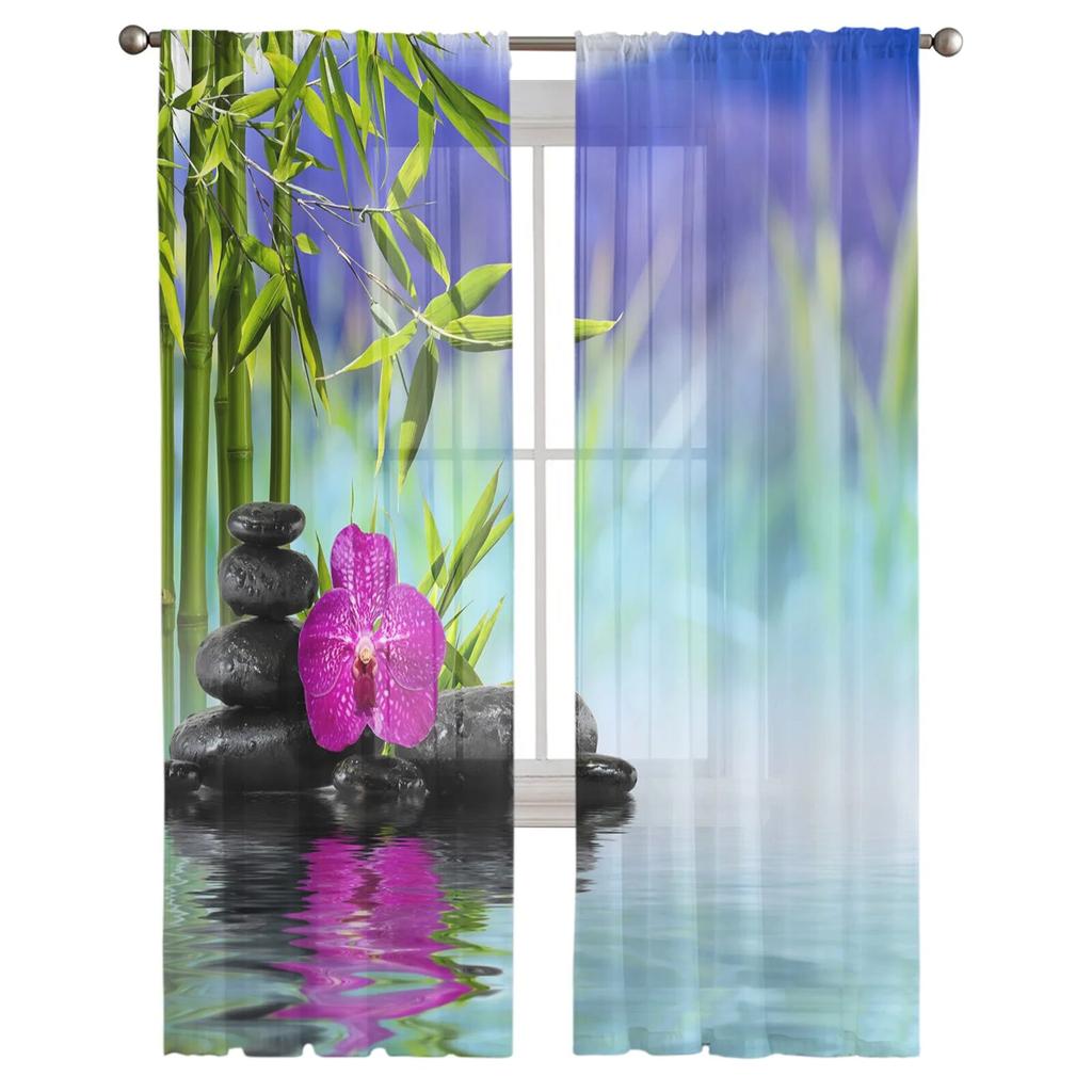 Blommor Stengrön Bambu Moderna tryckta Tyllgardiner för sovrum Balkong Fönsterdekor Kreativt Mode Hem Skir Gardin