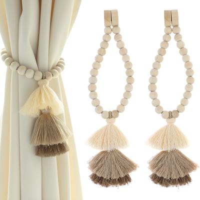 2 Pcs Handmade Magnetic Wooden Bead Curtain Holdbacks Elegant Tassel Tiebacks for Bedroom Window Wall Treatment
