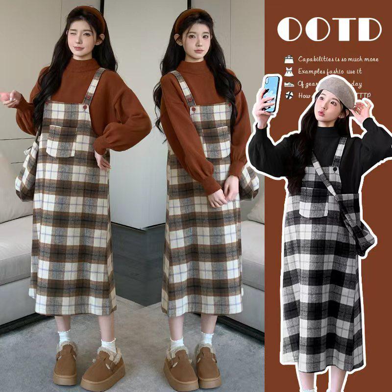

Elegant Korean-Style Winter Sweater & Wool Suspender Dress Set XL
