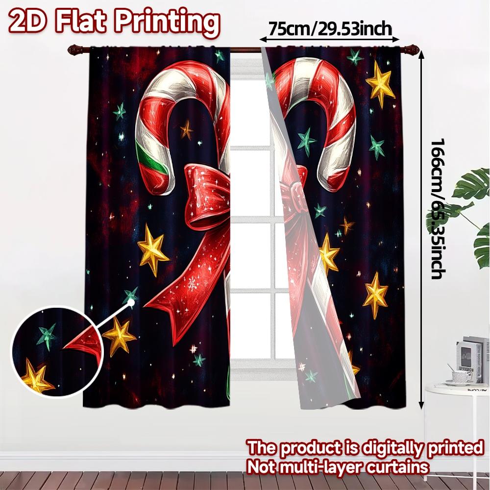 2pcs,Curtains Christmas Candy Cane Bow Stars (3) Popular Curtains&Window Treatment Machine Washable Fabric Curtains Art Deco