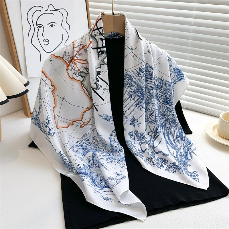90×90CM New Summer Fashion Women Printed Square Scarf Soft Satin Scarf Sun Protection Outer Shawl For Women