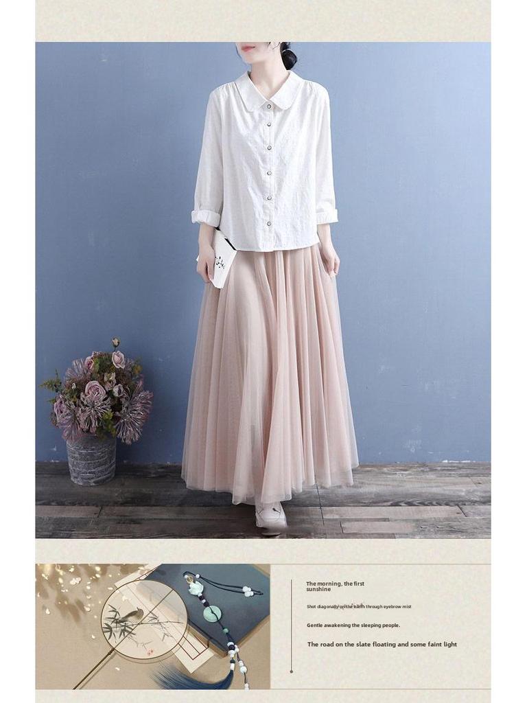 Damen Baumwoll-Leinen Langarmhemd in Unifarbe - Leicht, Lässig Frühling 2024