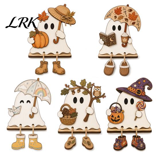 Halloween Tabletop Decorations Wooden Harvest Festival Ghost Ornament for Autumn Home Desktop Decoration, Cute Modern Farmhouse Fall Figurine
