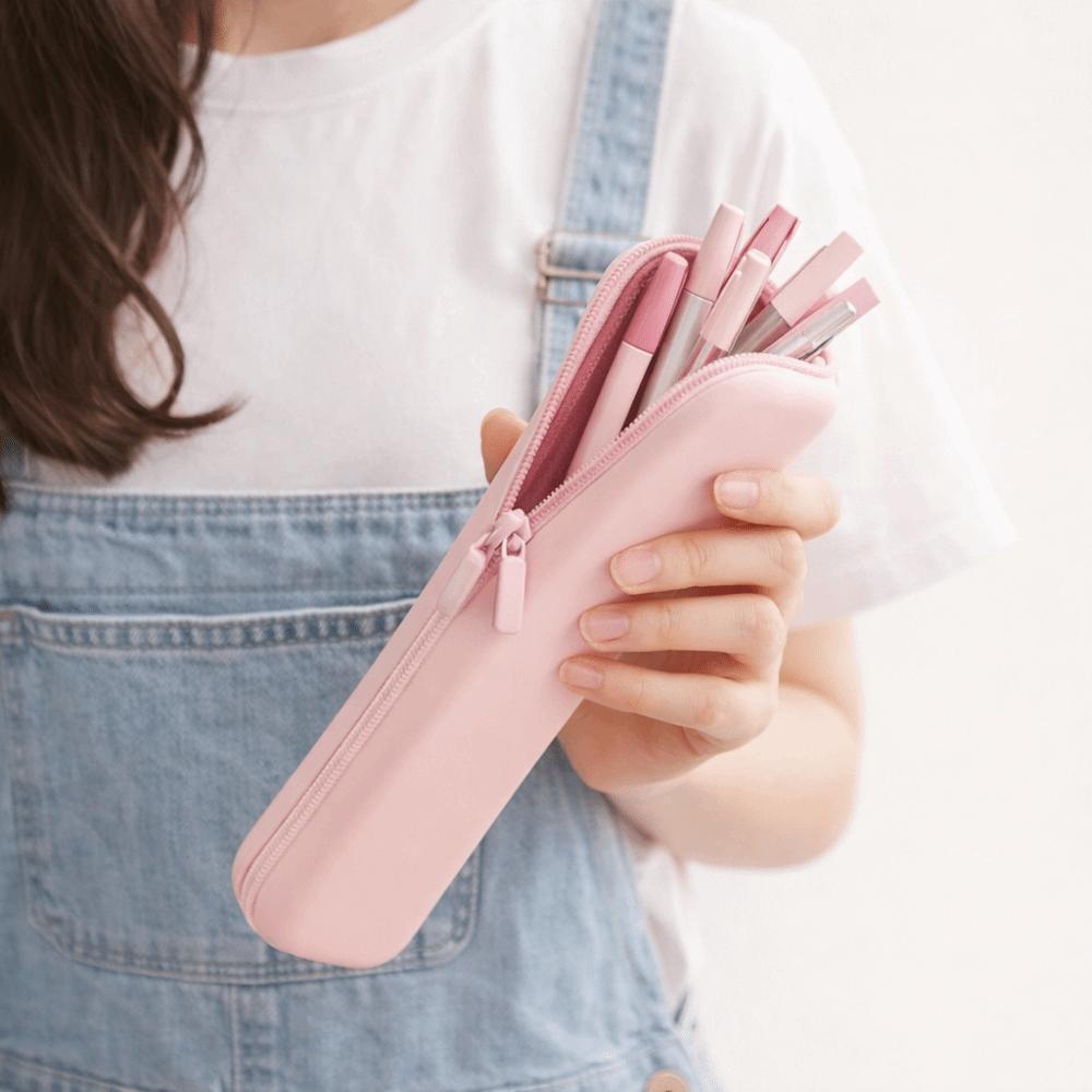 Multifunctional Pen Bag Solid Color Stationery Storage Bag Simple Silicone Pencil Case Friends