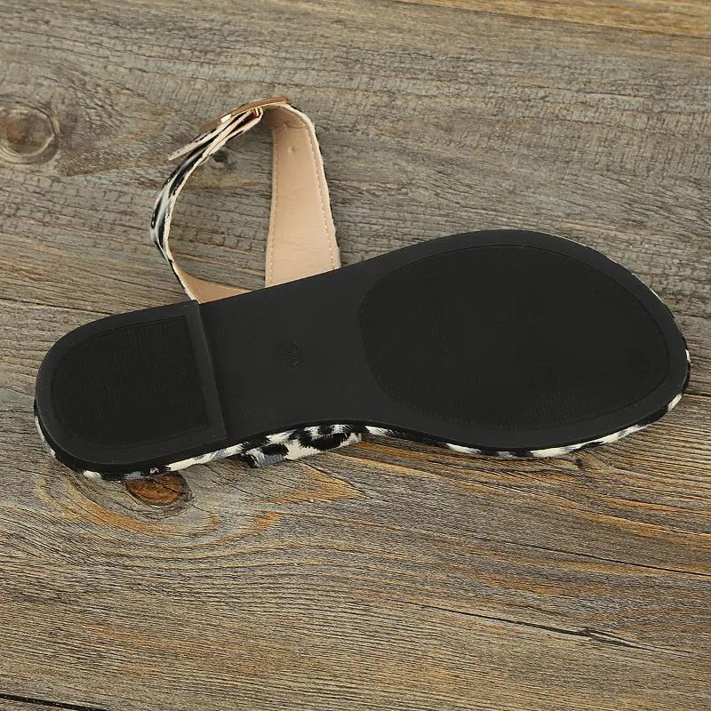 Fashion 2025 Summer Leopard Print Flat-bottomed Set of Toe Sandals One-word Buckle Belt Fashionable Outer Wear Large Size Women's Shoes