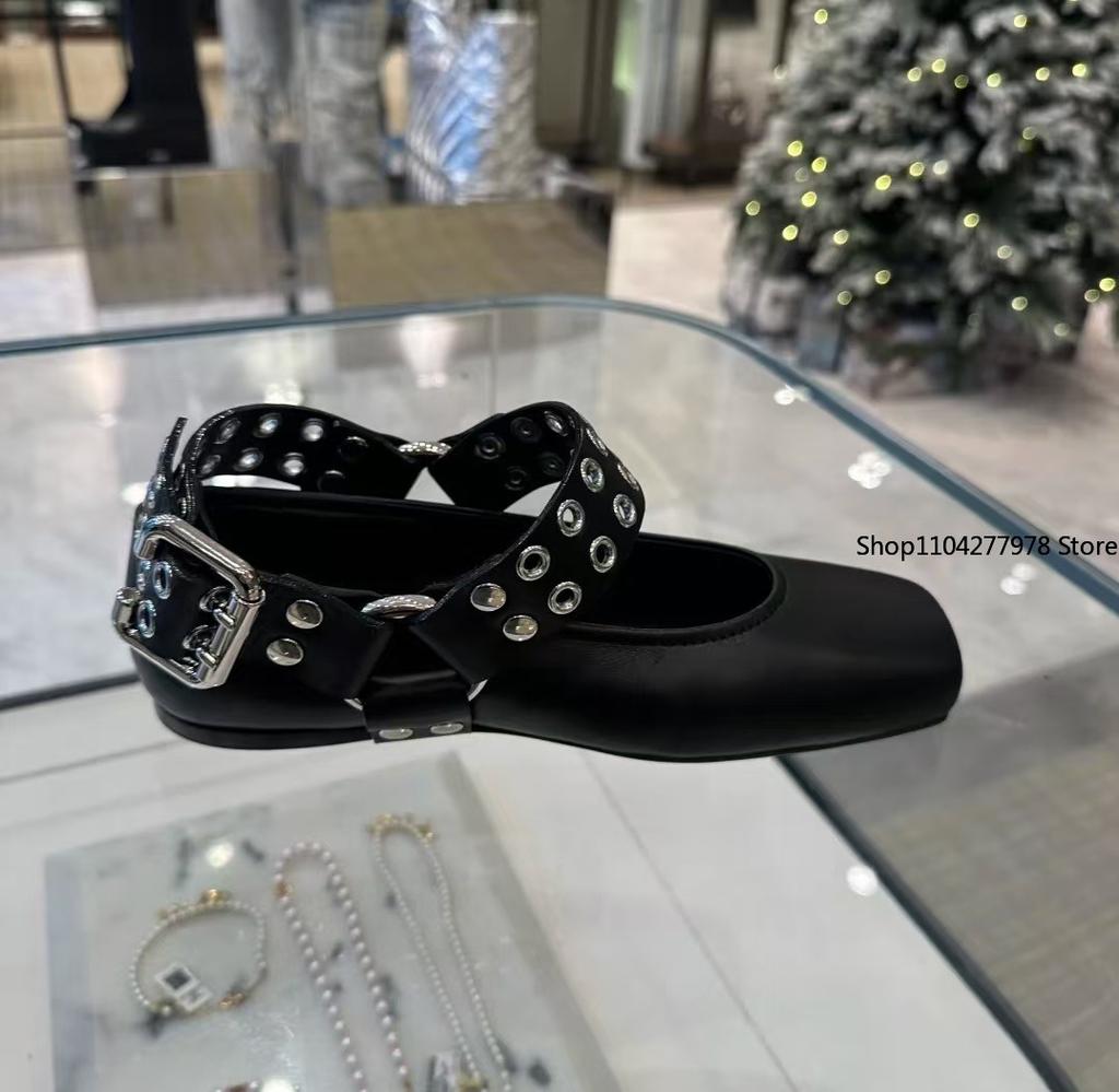 Fashion Female Footwear Round Toes Luxury Women Flats Mary Janes Shoes Allow Fashion Buckle Strap Ladies Ballet Rivets Flats Shoes