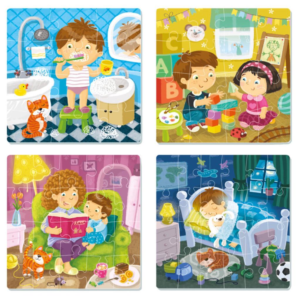 Zestaw Układanek Edukacyjnych 4W1 - Mój Dzień Codzienny Dla Dzieci, Kolorowe Puzzles 15X15 Cm, Certyfikowane Ce|En 71, Nowe, 16 Szt. W Kartonie