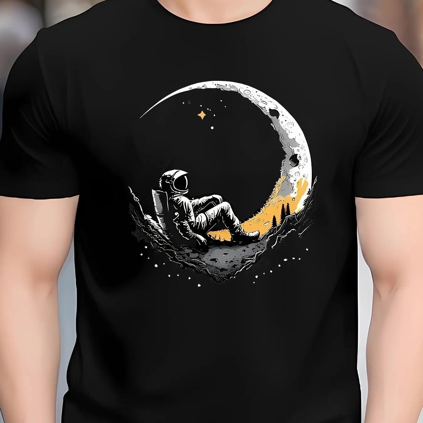 

Large casual loose T-shirt, men s moon print, round neck short sleeved sports T-shirt, 4XL