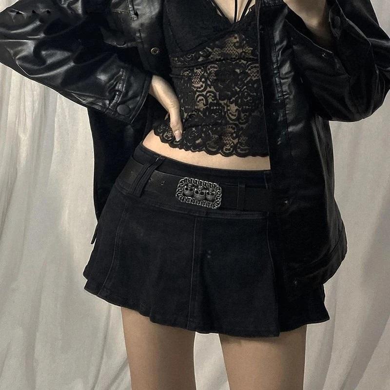 Secret Jam Goth Micro Skirts Low Rise Black Pocket Patchwork Skirt Aesthetic Outfit Vintage Harajuku Streetwear Style