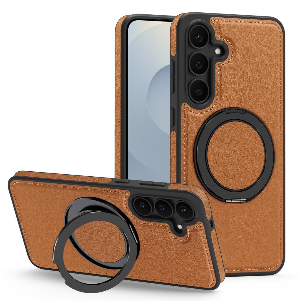 For Samsung Galaxy S25 FE Case with Ring Kickstand Magnetic Case PU Leather Back Cover