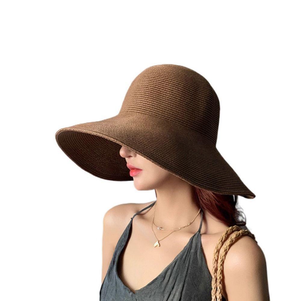 Solid Color Weave Bucket Hat Breathable Women's Sun Visor Hats Wide Brim Straw Hat Women Girls