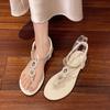 Beach Flat Toe Sandals New Summer Outwear Round Toe Open Toe Clear Rhinestone Soft Sole Non-Slip Roman Sandals