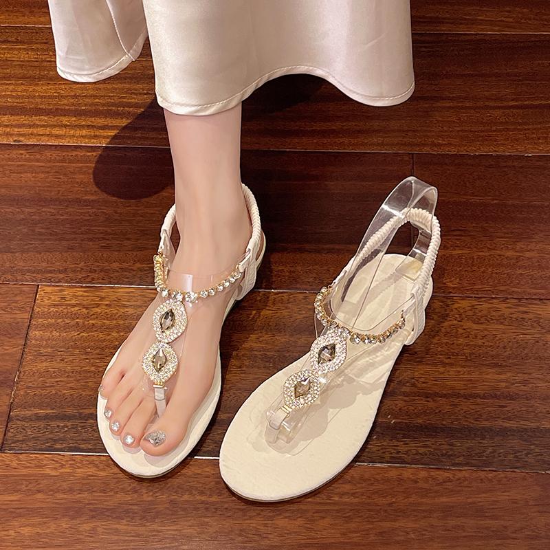 Beach Flat Toe Sandals New Summer Outwear Round Toe Open Toe Clear Rhinestone Soft Sole Non-Slip Roman Sandals