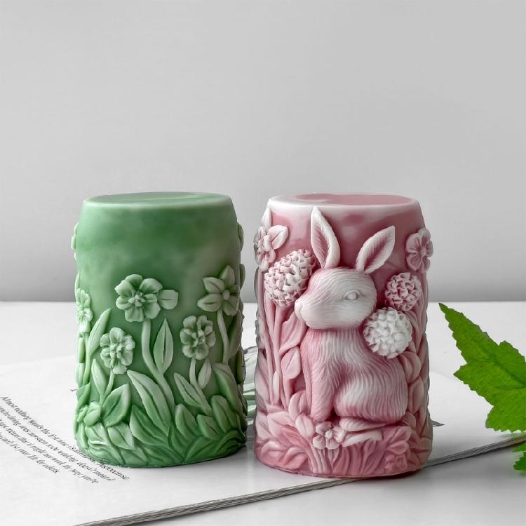 Holiday Silicone Candle Mould Featuring Rabbits Pattern Easy Demolding Reusable Cylinder for Home Decoration