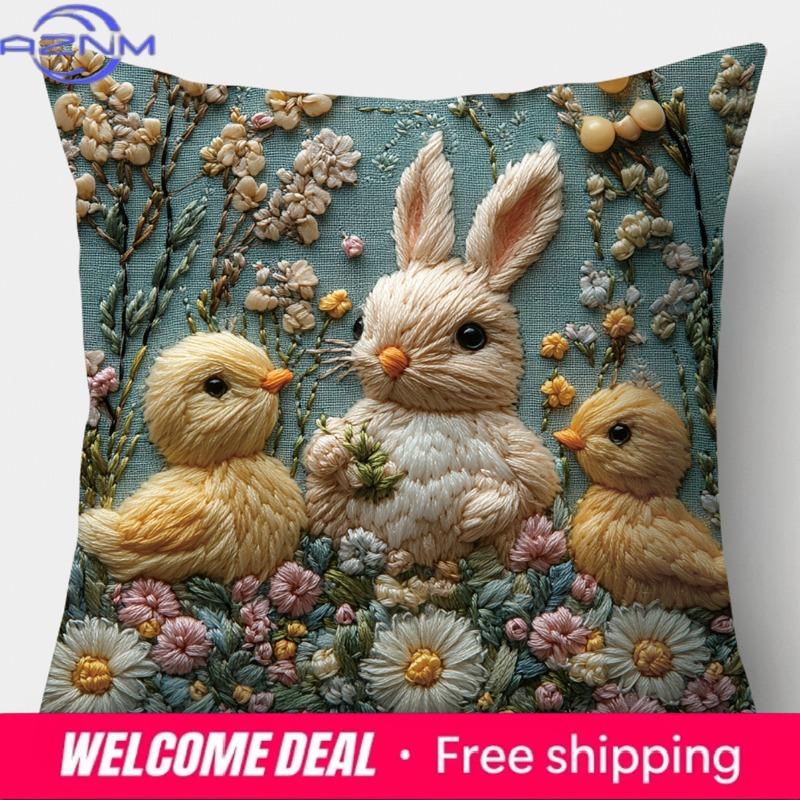Easter Cartoon Printed Bunny Egg Pillowcase Home Sofa Cushion Cover Bedroom Bedside Pillow Cover