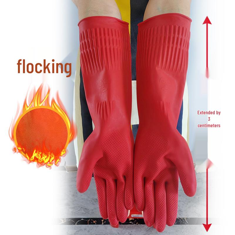 Extra Long Fleece-Lined Latex Dishwashing Gloves - Durable, Thickened Rubber for Household Cleaning