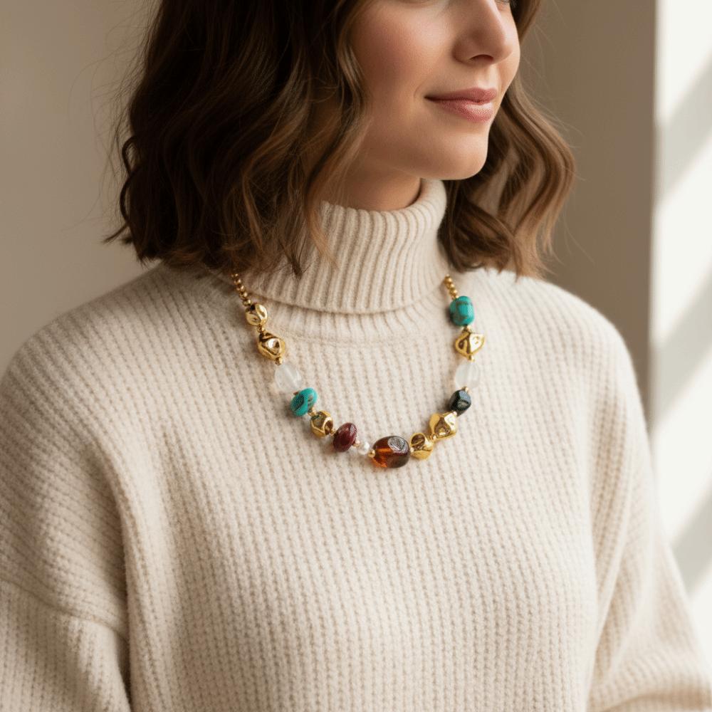 Stone Colorful Resin Necklace Bead Clavicle Chain Retro Beads Short Choker  Party