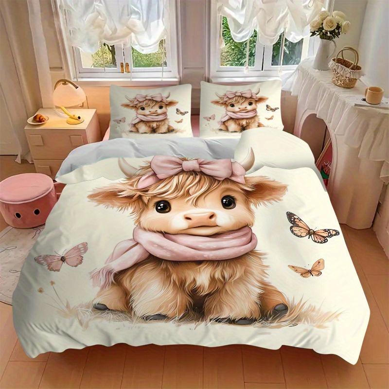 3pcs Cow Butterfly Bedding Set Down Comforter Cover and Pillowcases, Suitable for All Seasons(No Insert)-0729039