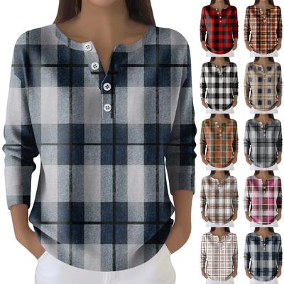 Damska Moda Bluzka z Długim Rękawem w Kratę z Geometrycznym Nadrukiem Elegancka Casualowa Bluzka