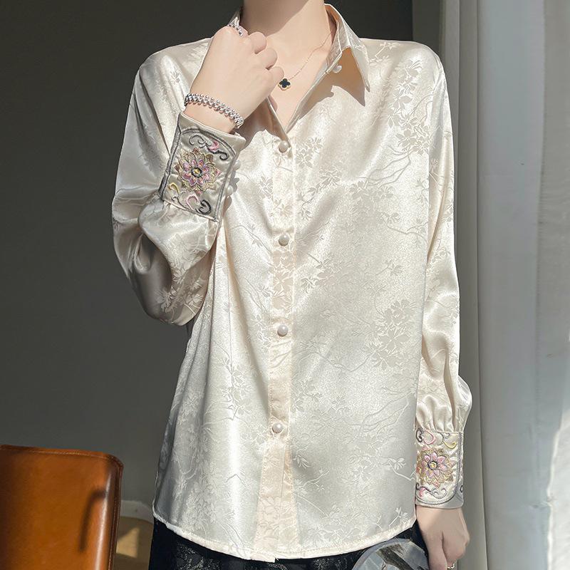 Women's Jacquard Satin Tang Suit: Long Sleeve Mulberry Silk Top for Autumn/Winter
