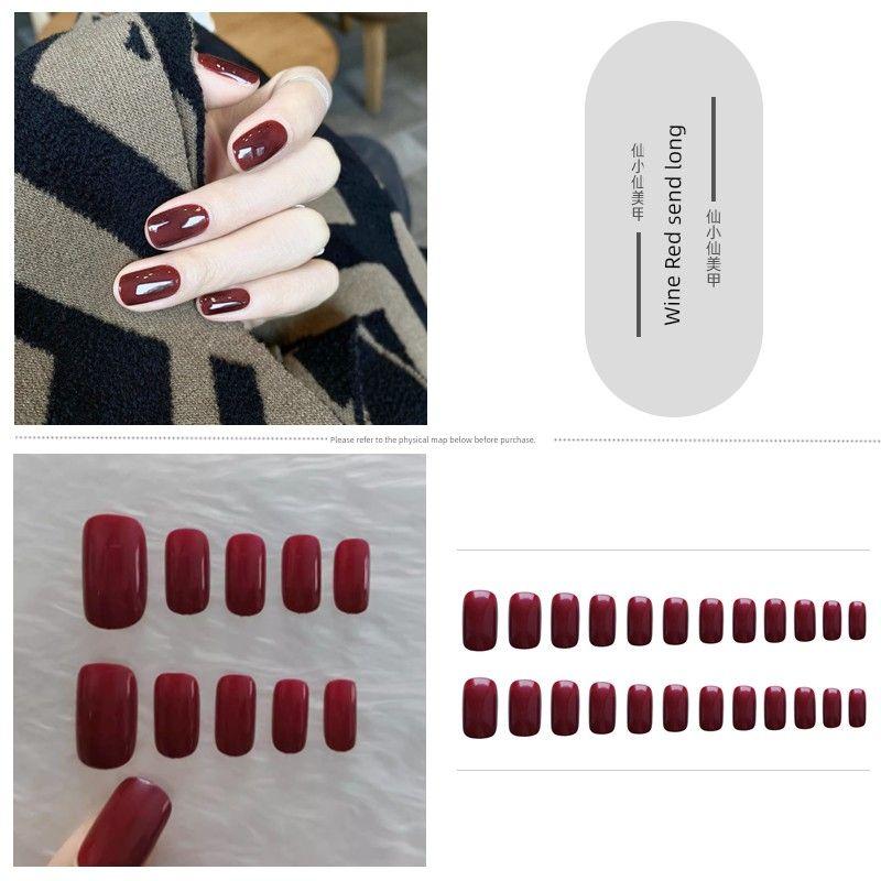 

Wine Red Mini Rectangle Fake Nail Tip Wear 04-Wine Red Fan Long