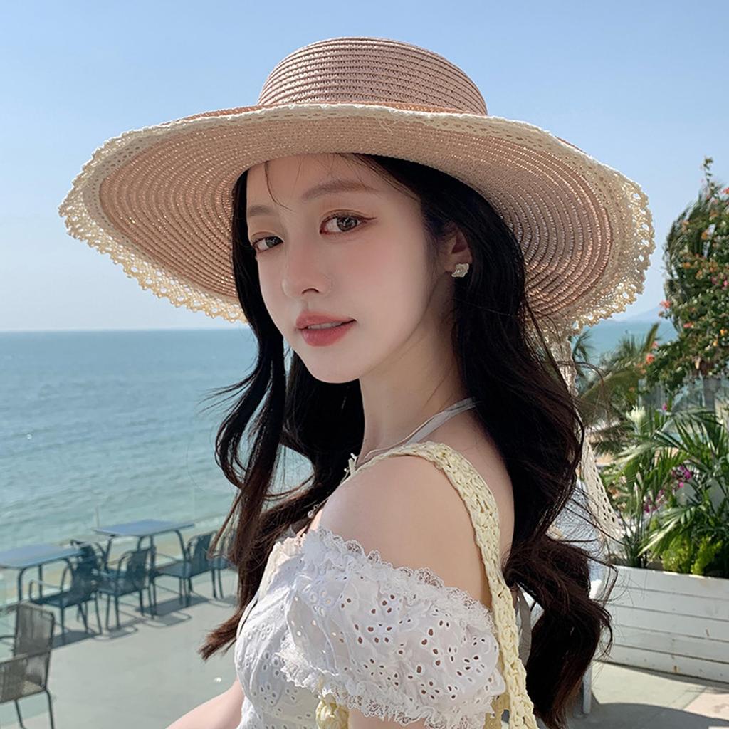 Straw Boater Wide Sun Super Slimming Beaded Actress Lace Ribbon Free [easylivegogo] Women's Hat, Hat, Brim, Hat, Breathable, Quick-Drying, Cool,