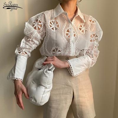 Lady Sexy See Through Long Sleeve Loose White Blouse Top High Quality Hollow Out Floral Embroidery Elegant Shirt  Trend