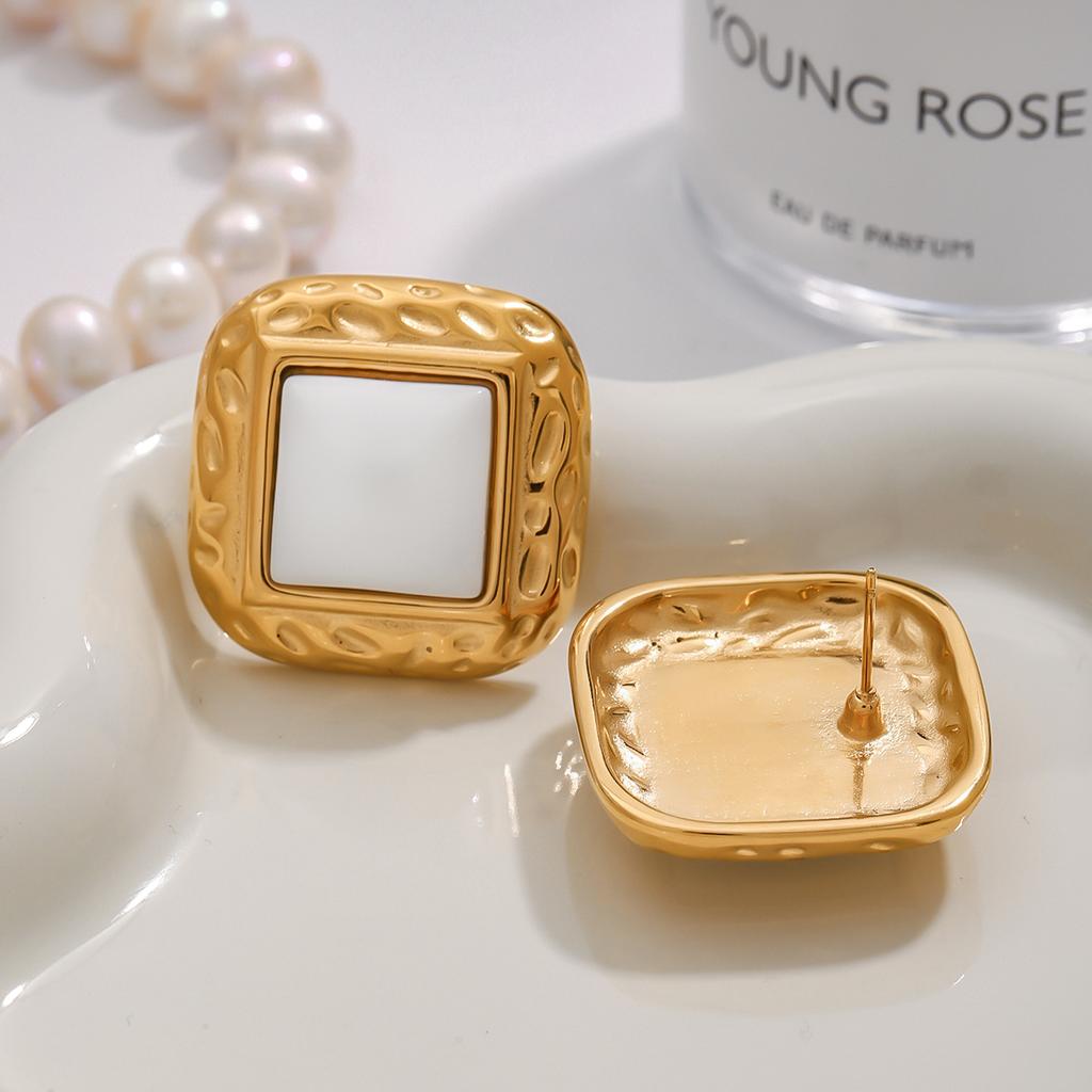Yori Stainless Steel Square Hammered White Agate Earrings 18K PVD Plated High Quality Charm Stylish Golden Jewelry