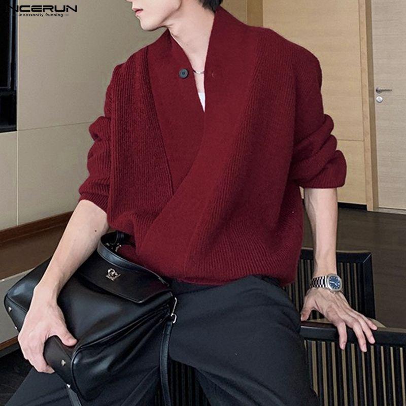 INCERUN Oversized Men V Neck Long Sleeve Front Cross Buttons Rib Casual Loose Cardigan