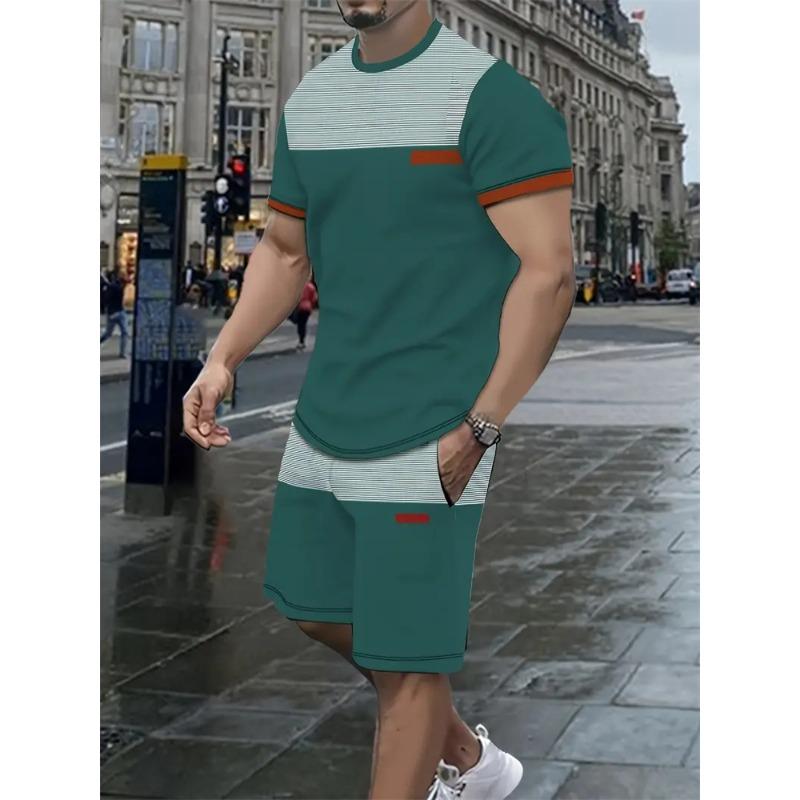 2-piece Men's Casual Retro National Pattern Printed Short-sleeved T-shirt Summer Sports Shorts Vacation Casual Beach Sports Suit
