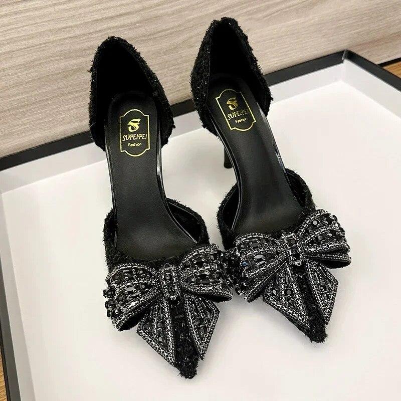 2024 Fashion Delicate Sweet Crystal Bowtie High Heel Shoes Side Hollow Pointed Women Pumps Woman Thin Heeled Party Wedding Shoes