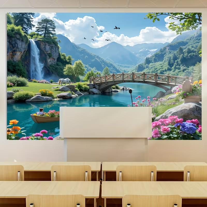 2D Bergsee-Wandteppich, 2D-Flachdruck Wasserfall und Brücke mit lebendigem Blumenhintergrundstoff