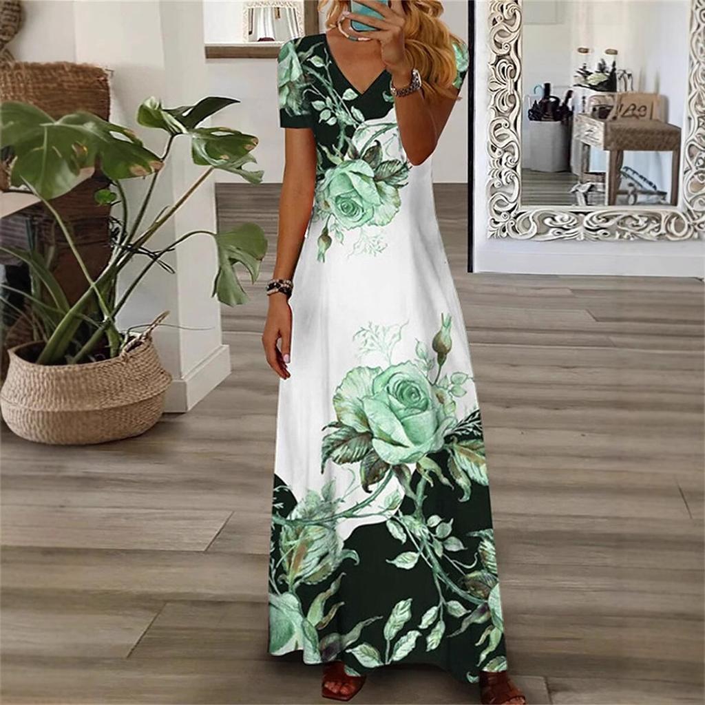 Women's Floral Print V-Neck Short Sleeve Maxi Dress Casual Summer Dress with Rose Pattern In Multi Colors