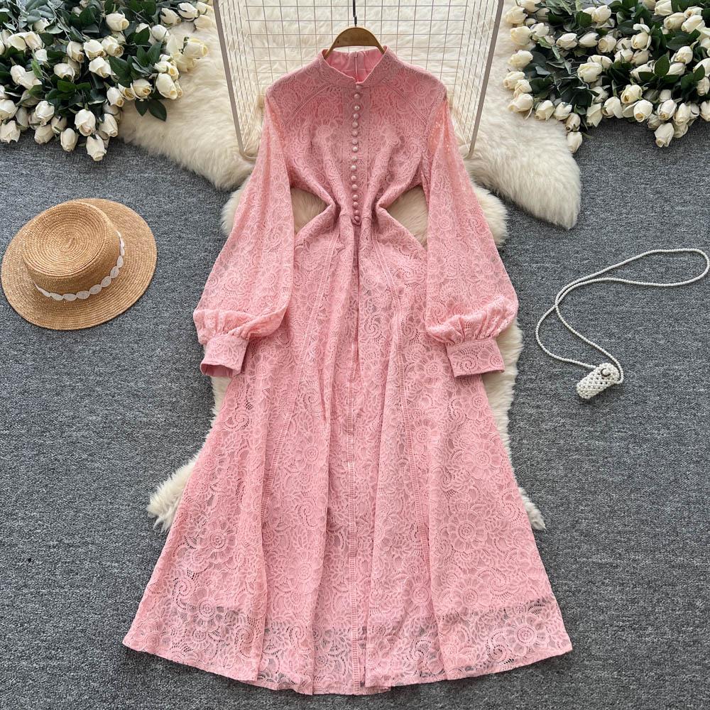 French Court Style Dress Women's Autumn High-end Single-breasted Waist and Thin Temperament Lace Long Dresses