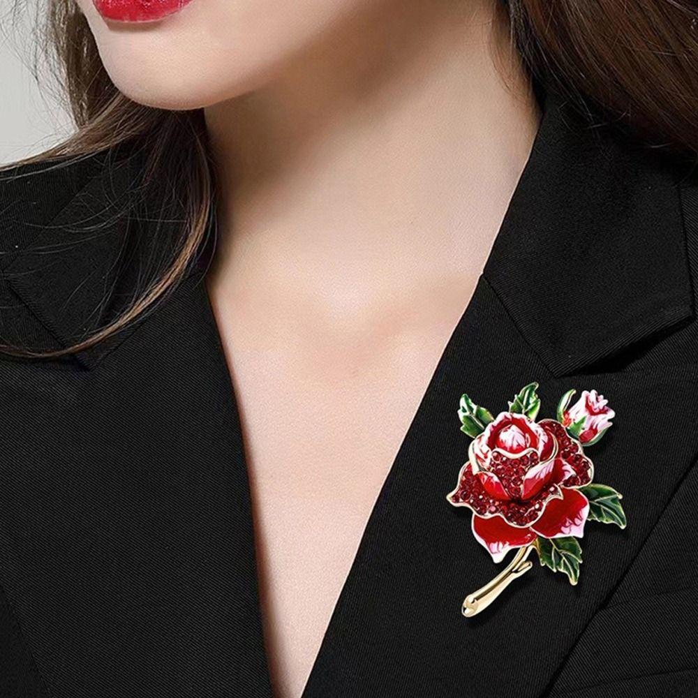 Alloy Rhinestone Brooch Luxury Enamel Fashion Rose-flower Brooches  Jewelry Accessories Gift