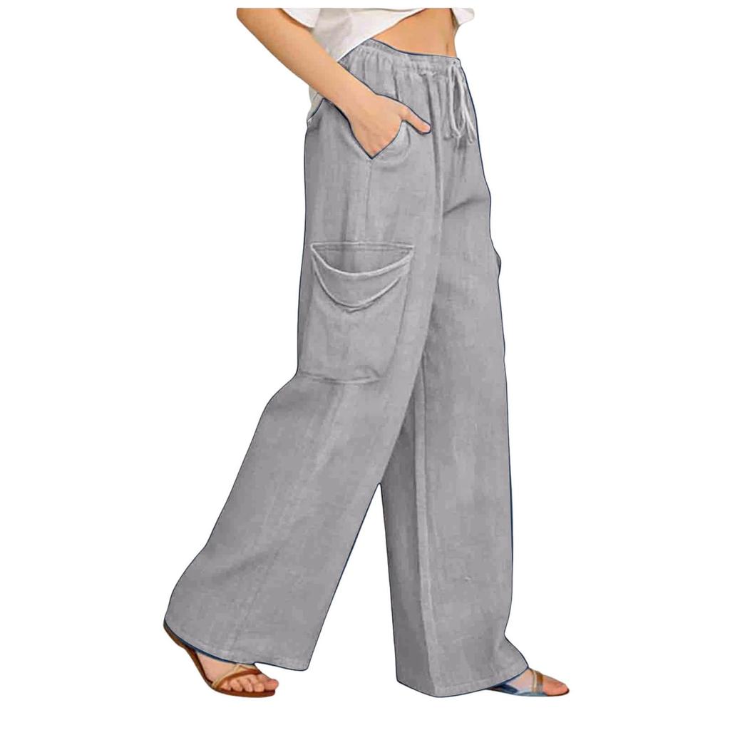 Damen Elastische Hose mit Hohem Bund Lässige Passform Weites Bein Lange Hose Hose mit Taschen