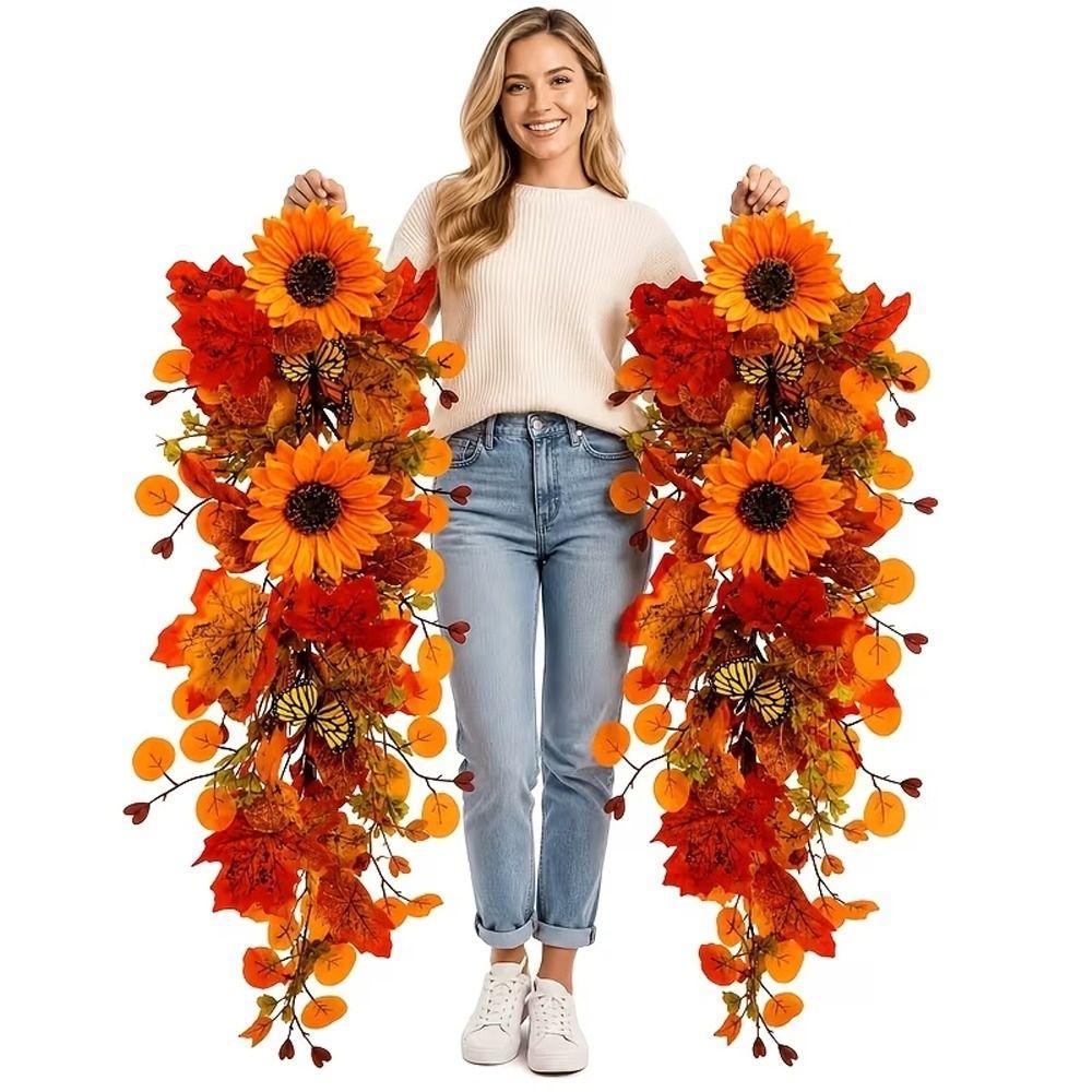 With Butterfly Artificial Fall Wreath Rustic Floral Maple Leaf Ornament  Home Decoration