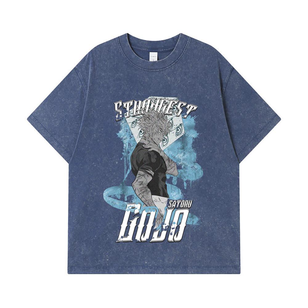 

275 GSM Washed T-shirts 100% Cotton Jujutsu Kaisen V22 Gojo Print Unisex Heavy Cotton T Shirt 2XL королівський синій колір